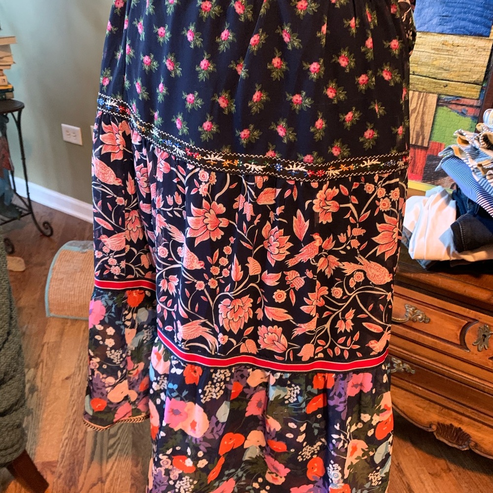 Anthropologie Floral Midi Skirt - Navy and Pink